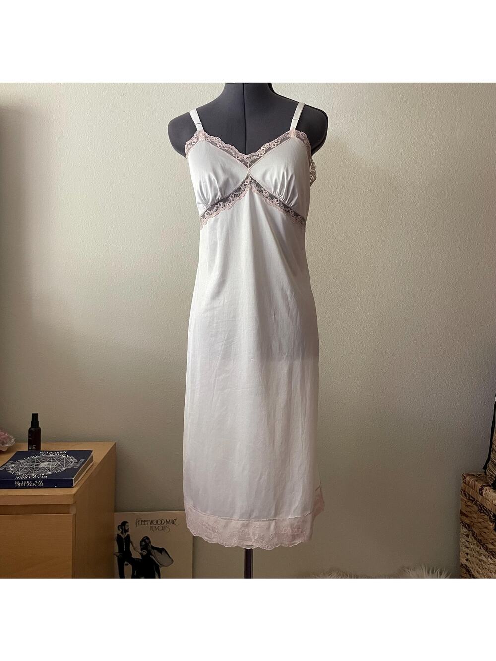 60s Vintage White Lace Slip Dress Pink Trim Coquette Fairycore Lingerie *As Is*